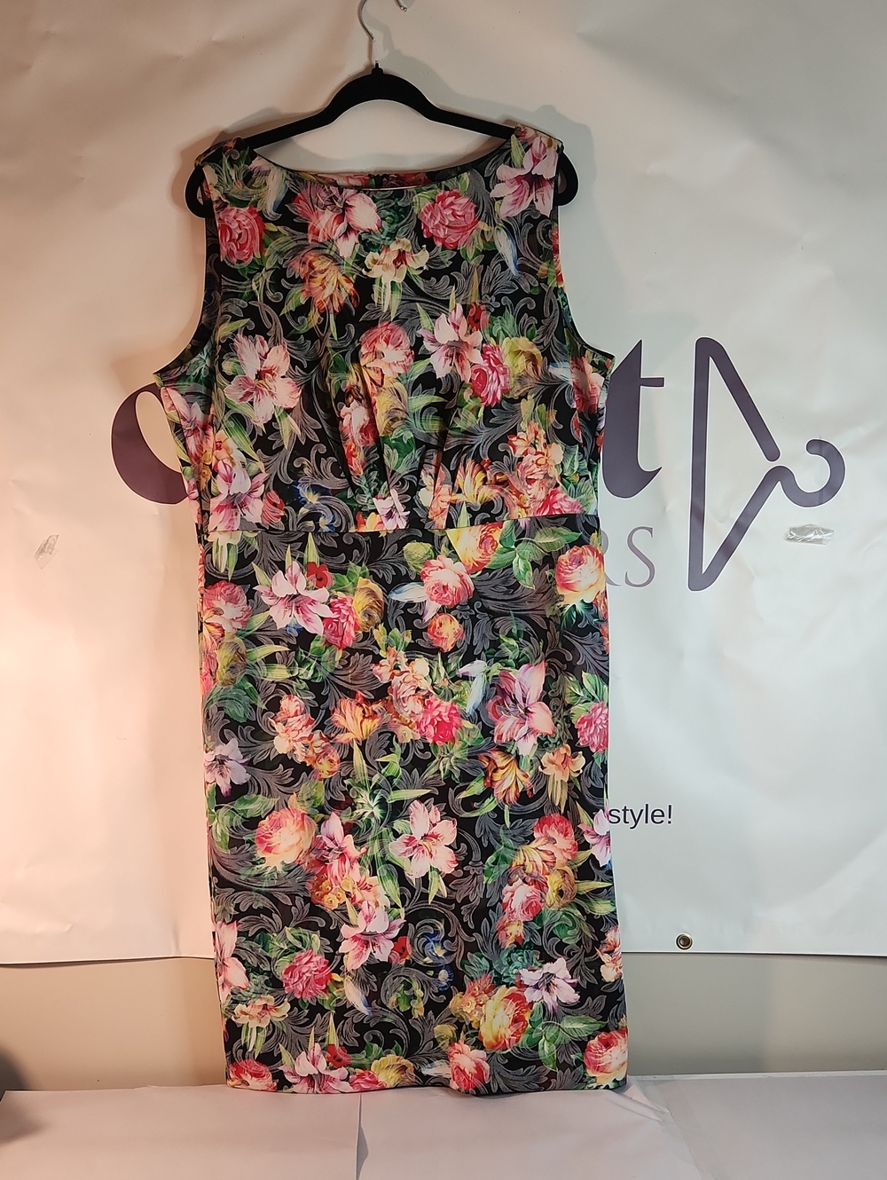 Beige by eci Floral Midi Sheath Dress in Black and Pink